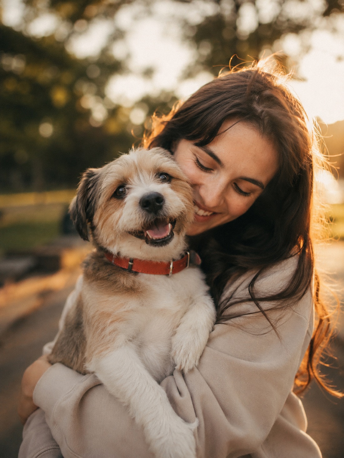 Dueña abrazando con cariño a su perro — el vínculo que inspira a Grupo Chums