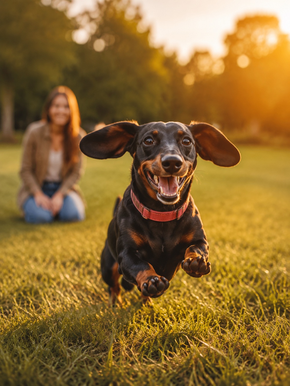 Perro salchicha corriendo feliz hacia su dueña en un parque al atardecer