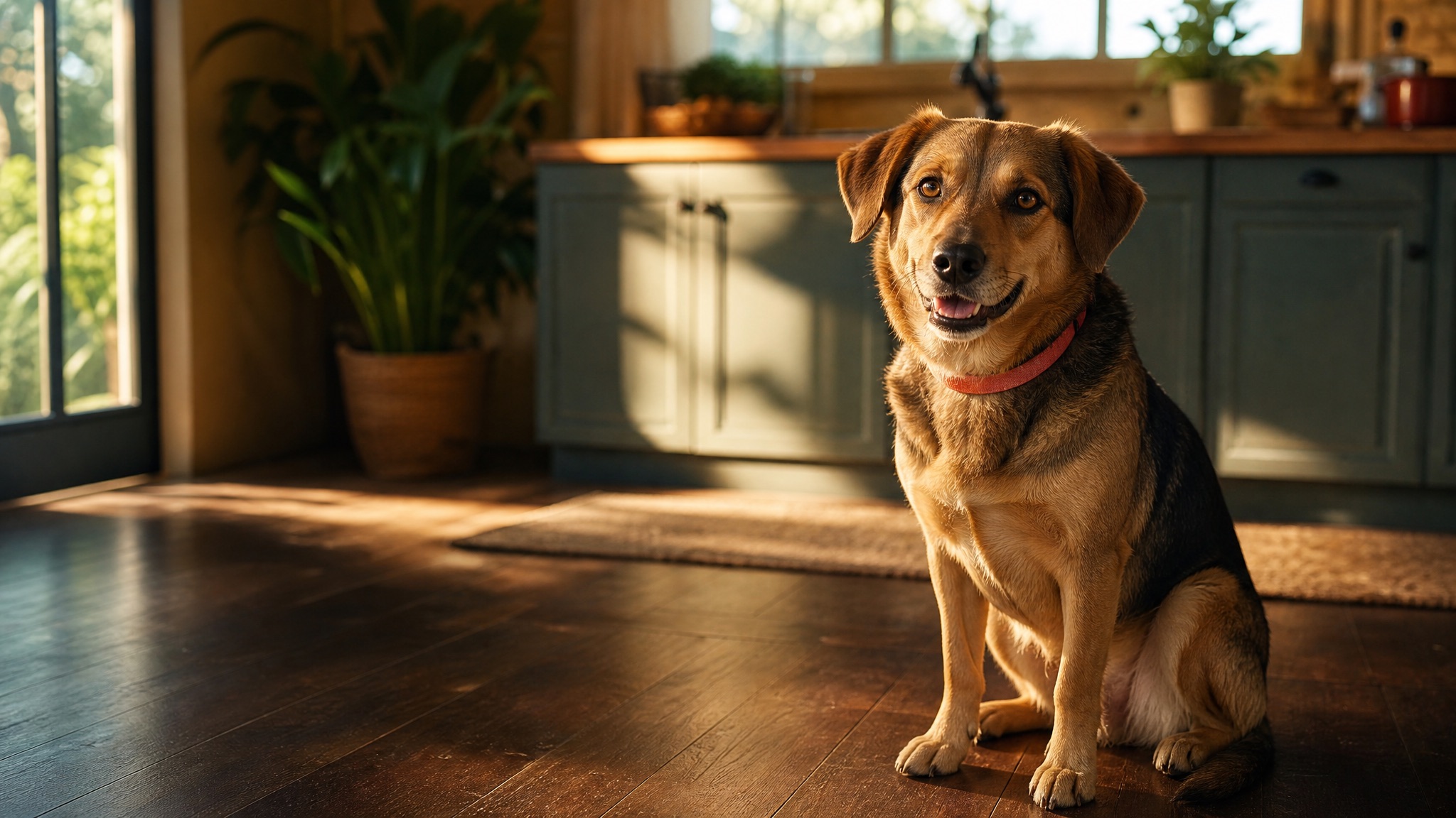 Perro feliz y saludable en una cocina hogareña iluminada por el sol