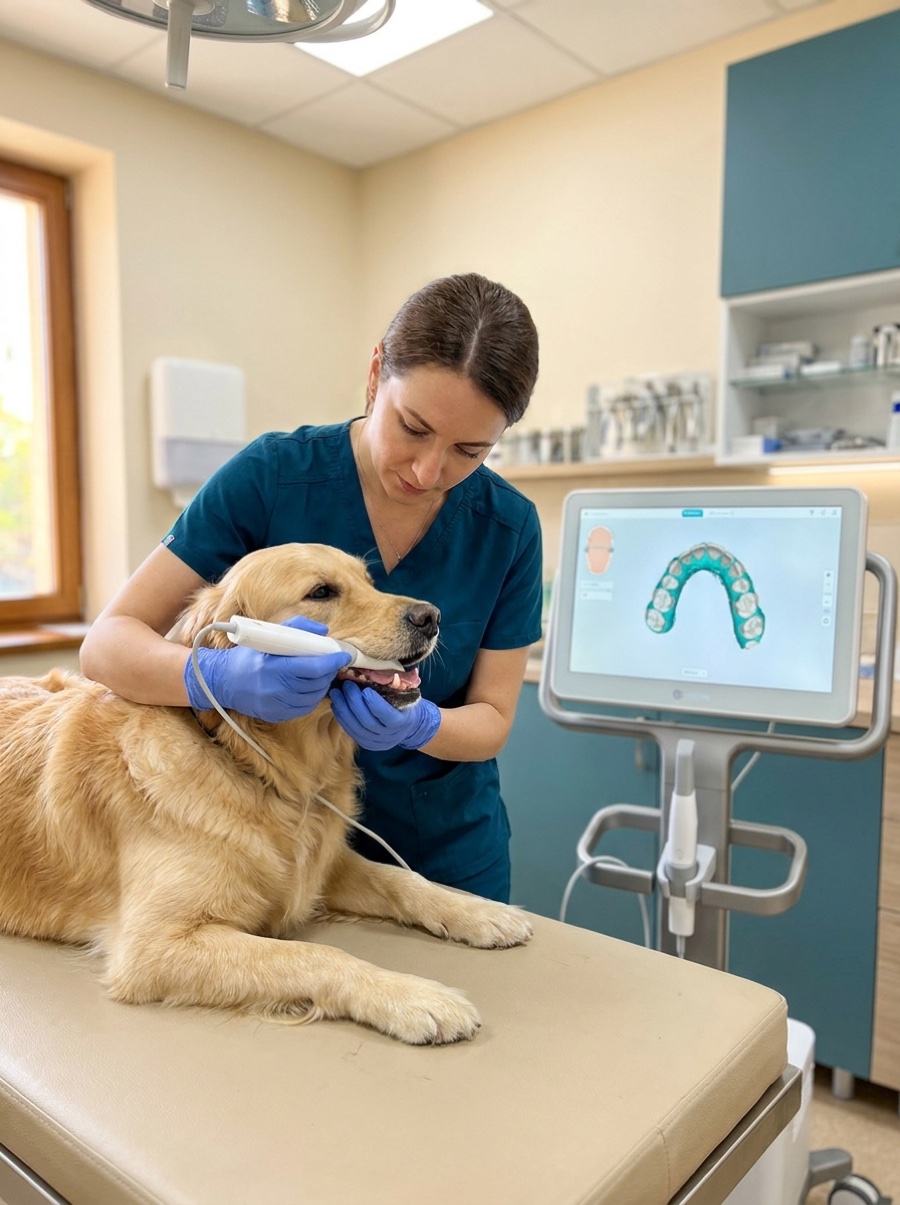 Escaneo intraoral digital 3D a un perro con escáner de mano en Chums Bio
