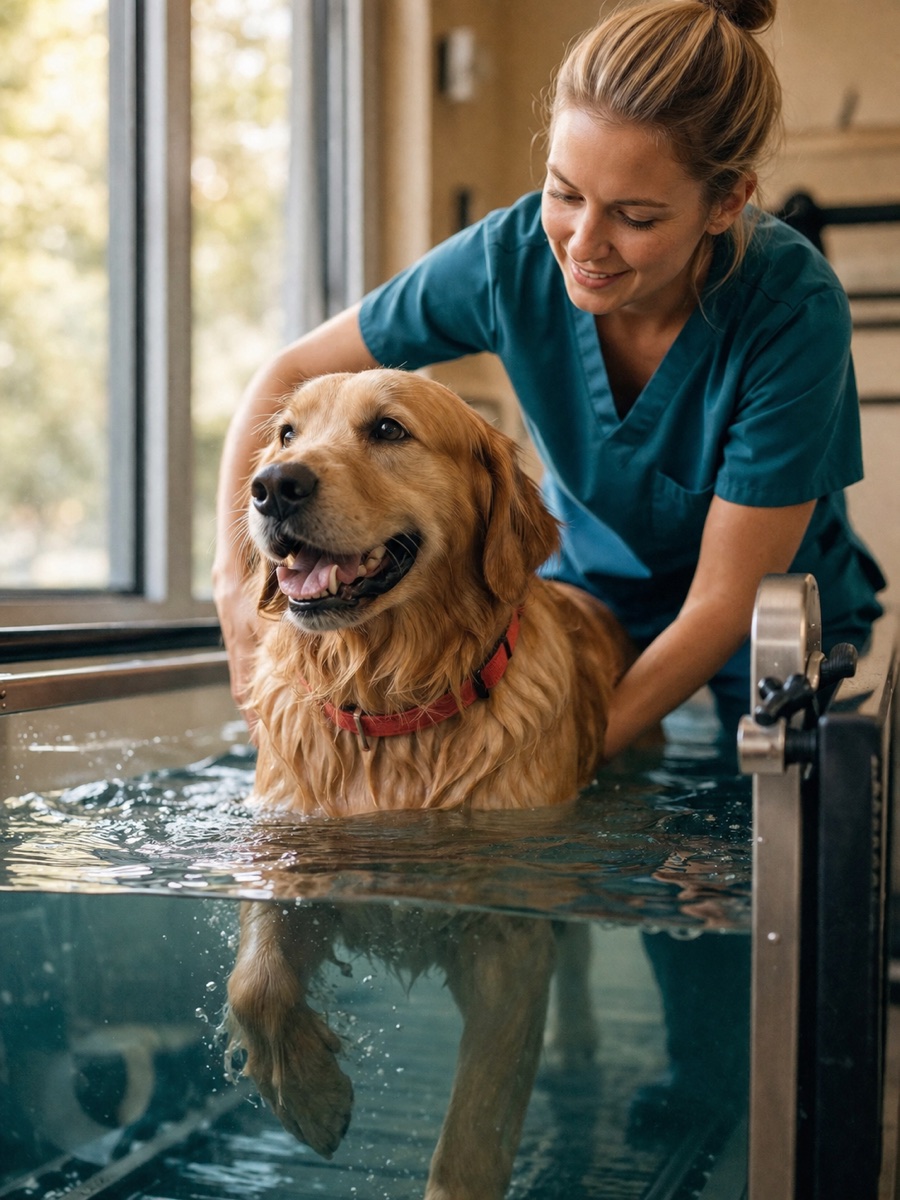 Golden retriever en hidroterapia sobre cinta acuática con su fisioterapeuta en Chums Bio