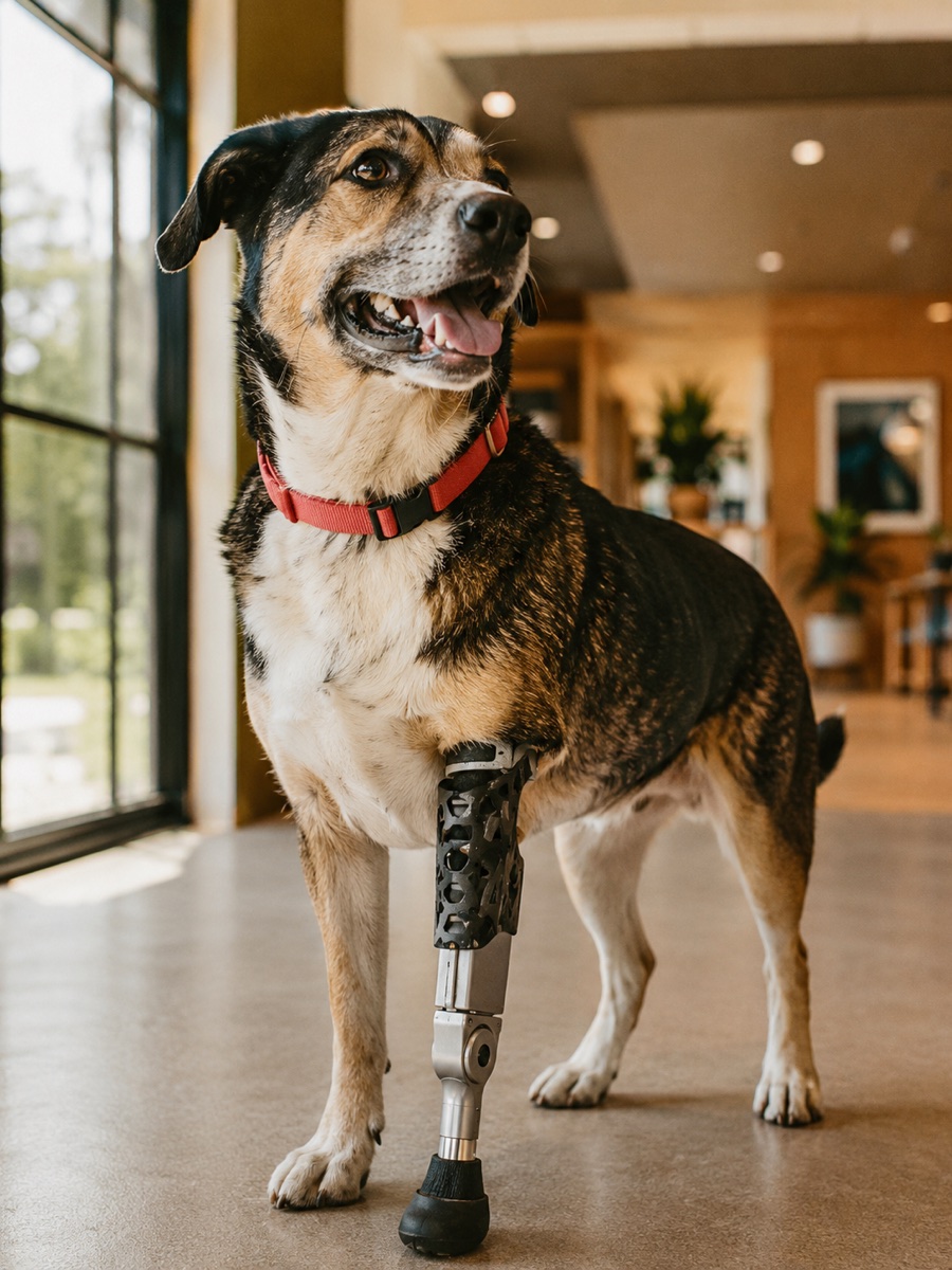 Perro feliz de pie con una prótesis a la medida en la pata delantera en Chums Bio